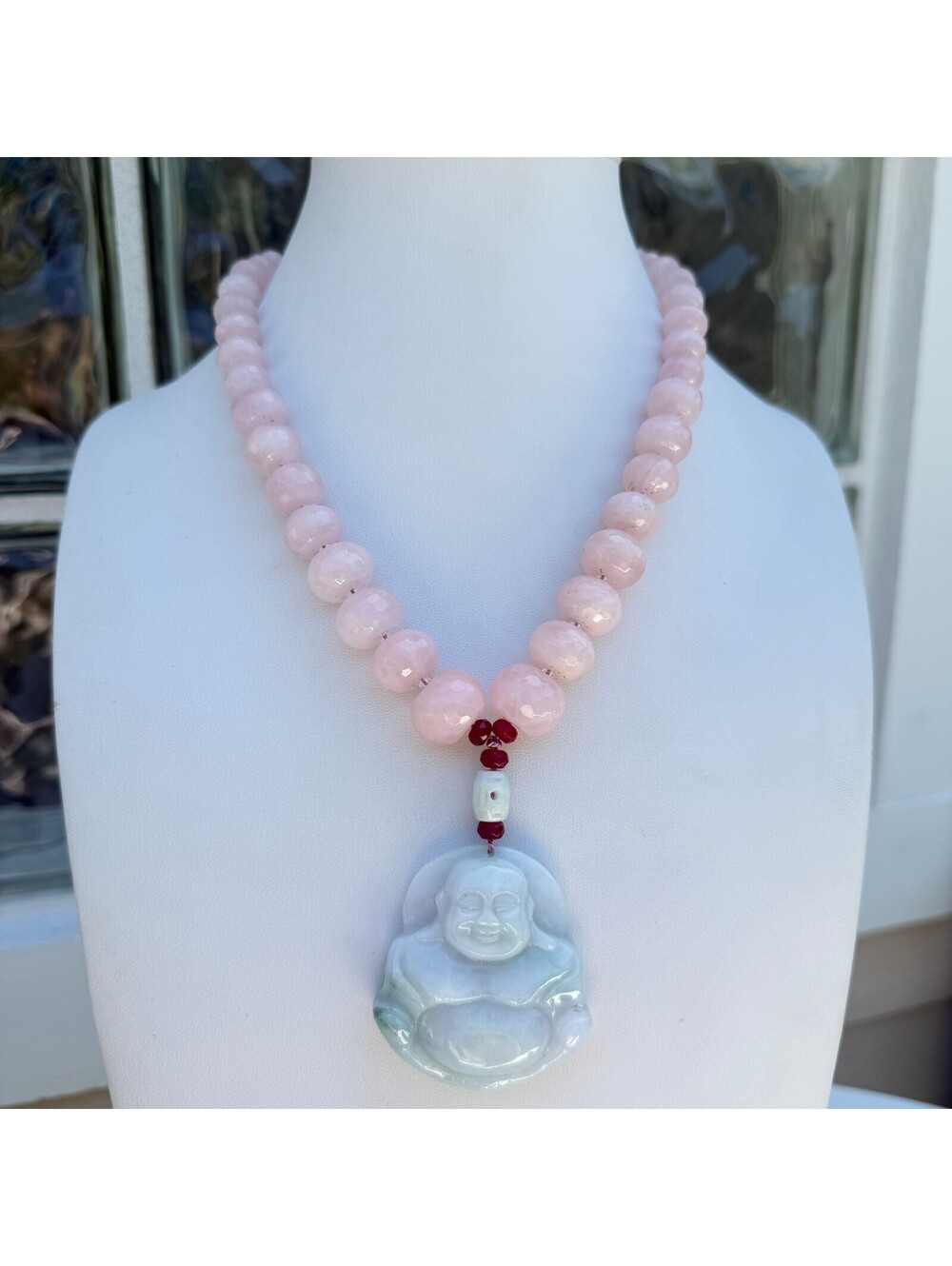 Rose Quartz, Pale Green Vintage Jade Laughing Buddha Handmade Necklace.